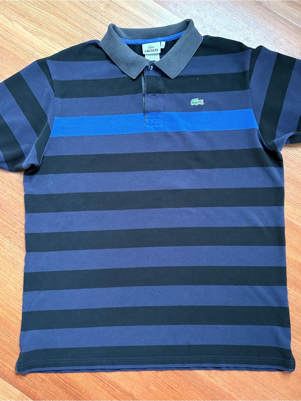Lacoste Men's Polo with Black & Blue Stripes - 7 L